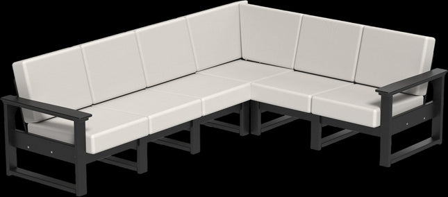Sectional outdoor sofa with black frames and light gray cushions on a blank background