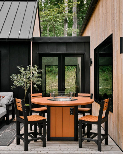 LuxCraft lumin fire table 60" cedar & black shown with Island side chairs