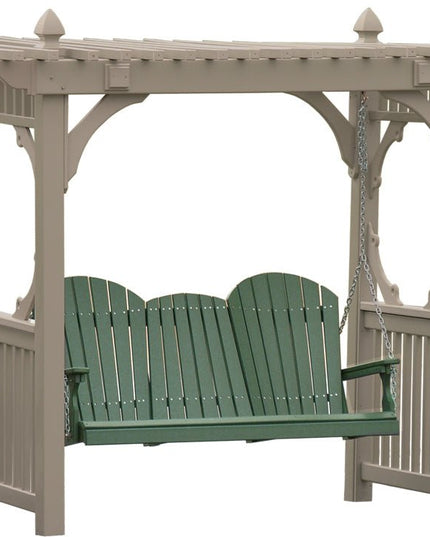LuxCraft Classic Vinyl Swing Stand featured in Weatherwood with 5' Adirondack Swing