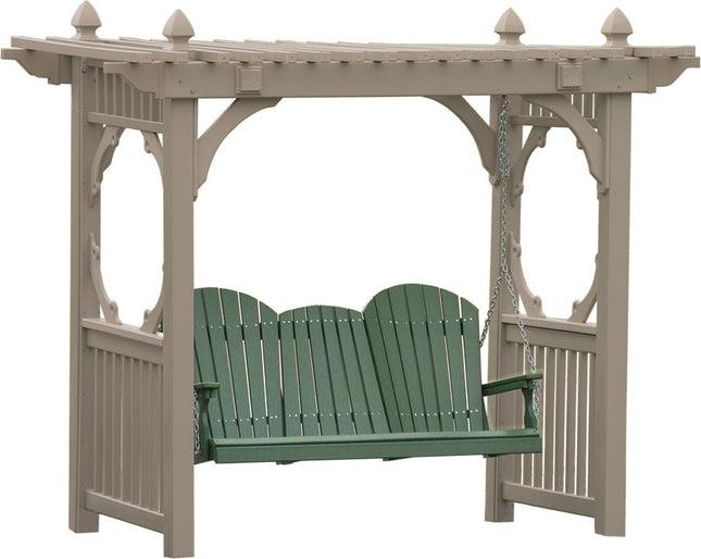 LuxCraft Classic Vinyl Swing Stand featured in Weatherwood with 5' Adirondack Swing