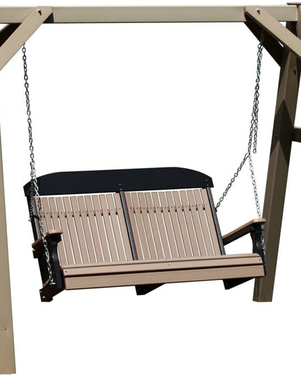 LuxCraft A-Frame Swing Stand featured in Clay with a 4' Classic Swing in Weatehrood and Black.