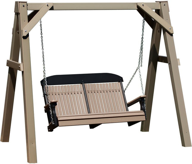 LuxCraft A-Frame Swing Stand featured in Clay with a 4' Classic Swing in Weatehrood and Black.