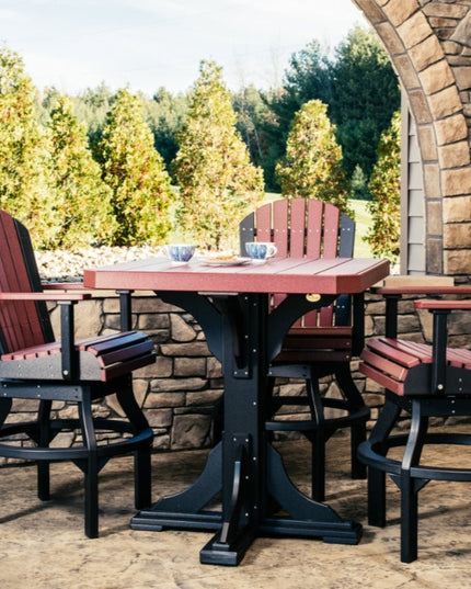 LuxCraft Adirondack Swivel Chair Bar Height featured in Cherrywood and black alongside 41" Square Table.