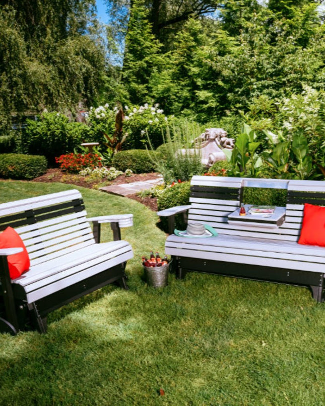 LuxCraft 5 foot plain glider dover gray and black with LuxCraft logo red cushions