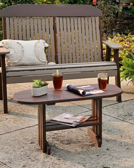 LuxCraft Poly Coffee Table featured in Weatherwood and Chestnut Brown with 4' Classic Bench