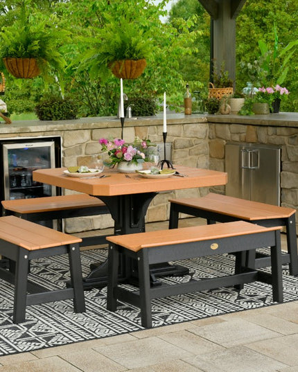 LuxCraft 41" square table in cedar and balck with 41' cafe benches.