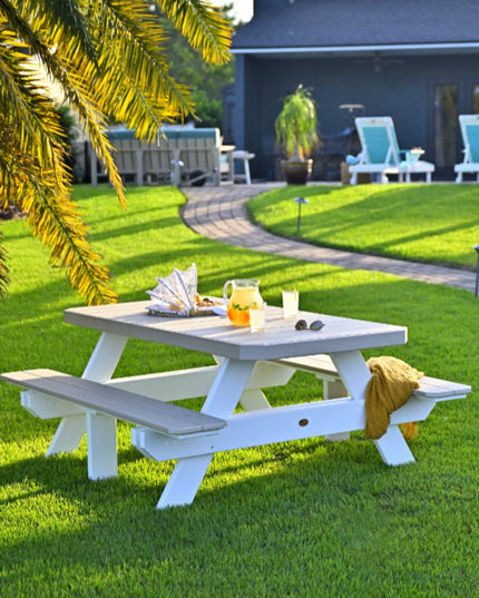 LuxCraft 6' Picnic Table featured in Birch and White with Lumien Nano Pathway Lighting and LuxCraft Lounge Chairs in Aruba Blue and White.