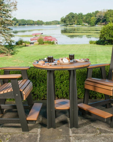 Adirondack balcony chair shown with balcony table and mahogany and black.