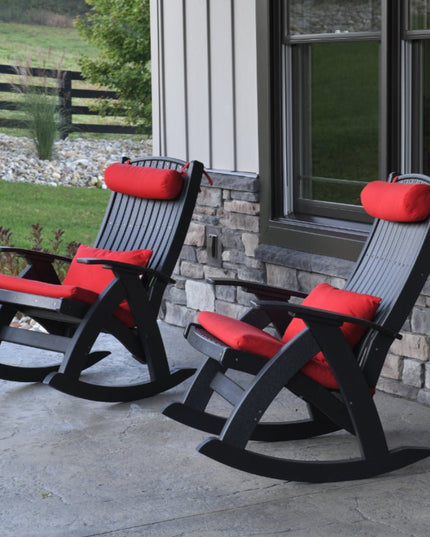 LuxCraft black comfort rocker with LuxCraft Logo Red lumbar and neck pillow.