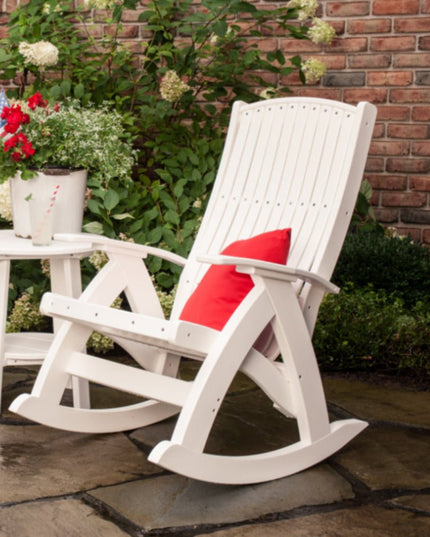 LuxCraft white comfort rocker with LuxCraft Logo Red cushion and deluxe end table