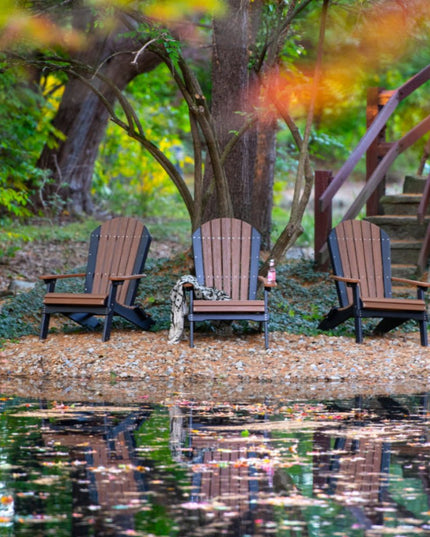 Adirondack folding chairs, antique mahogany and black on the waterfront