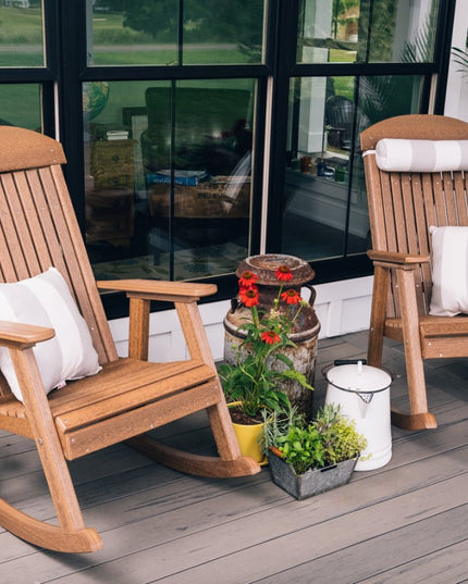 LuxCraft poly porch rocker antique mahogany with LuxCraft Solana Seagull cushion and neck pillow.