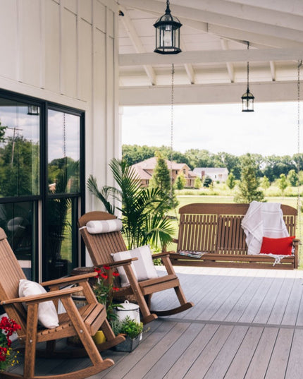 LuxCraft poly porch rocker with LuxCraft Solana Seagull cushions and LuxCraft classic swing