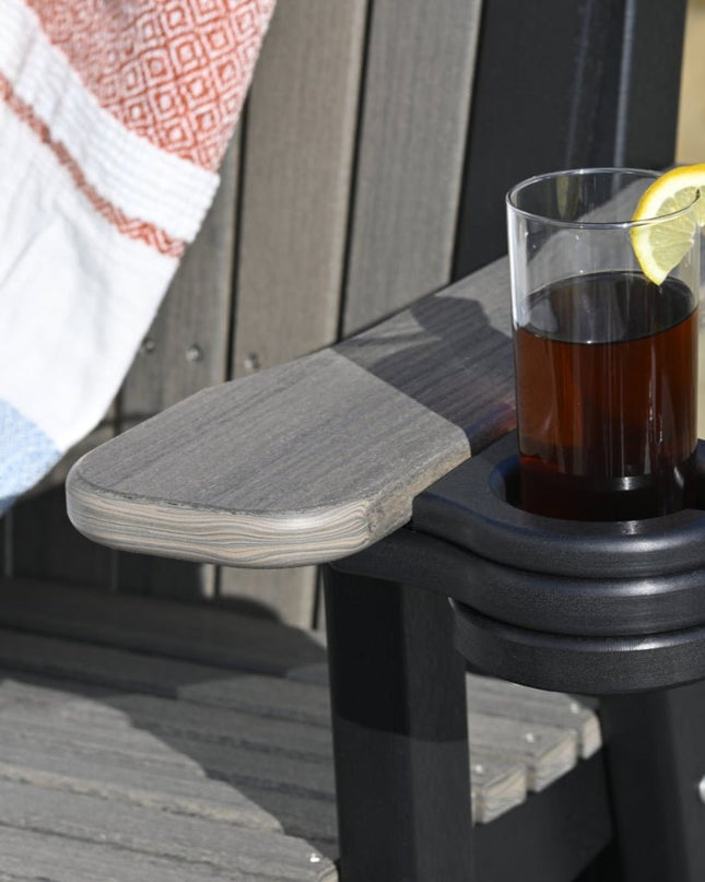 LuxCraft Stationary Cup Holder featured in Black on a 2' Adirondack Glider