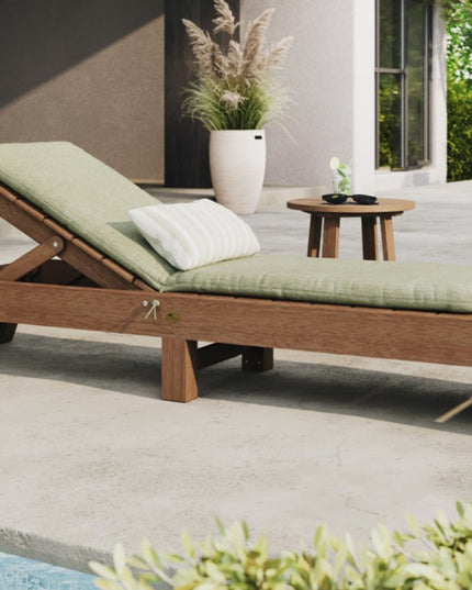 LuxCraft weatherwood poly chaise lounge with Luxcraft seasalt lounge cushion and Solana Seagull lumbar pillow