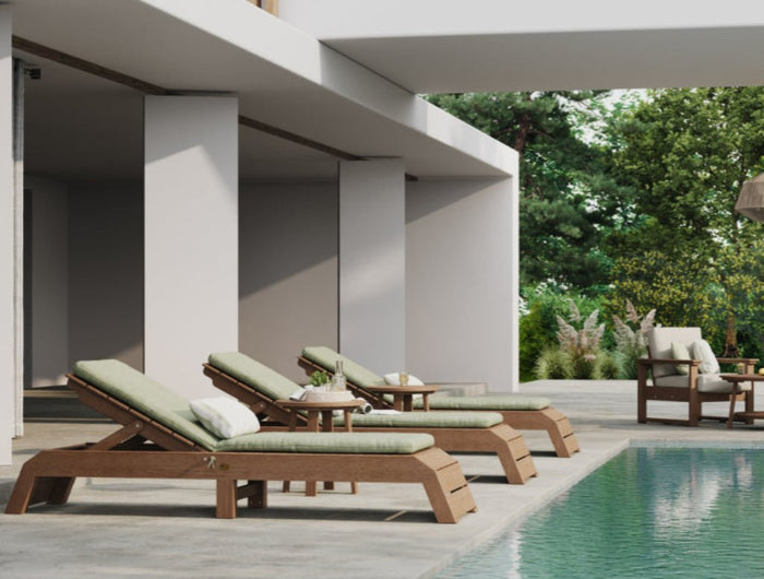 LuxCraft poly chaise lounge with LuxCraft seasalt lounge cushion and canvas lumbar pillow