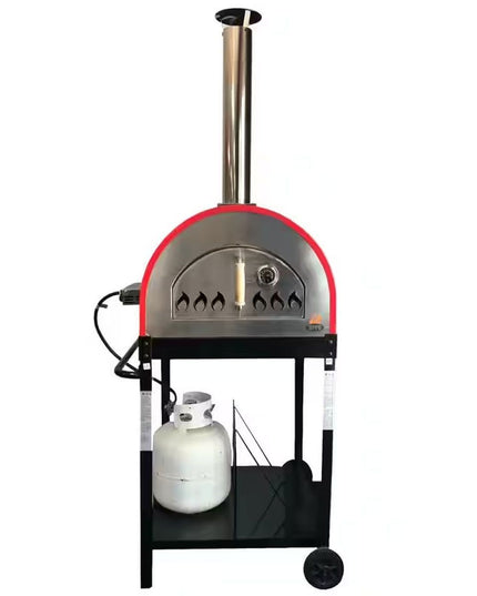 WPPO Dual Fueled 25-Inch Wood & Gas Fired Pizza Oven with Cart - Red