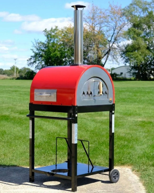 WPPO Dual Fueled 25-Inch Wood & Gas Fired Pizza Oven with Cart - Red